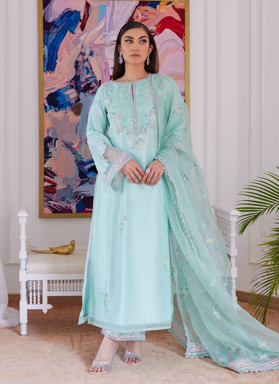 AURELLA MINT EMBROIDERED RAW SILK SHIRT WITH DUPATTA- Luna Eid'24 | By Farah Talib Aziz