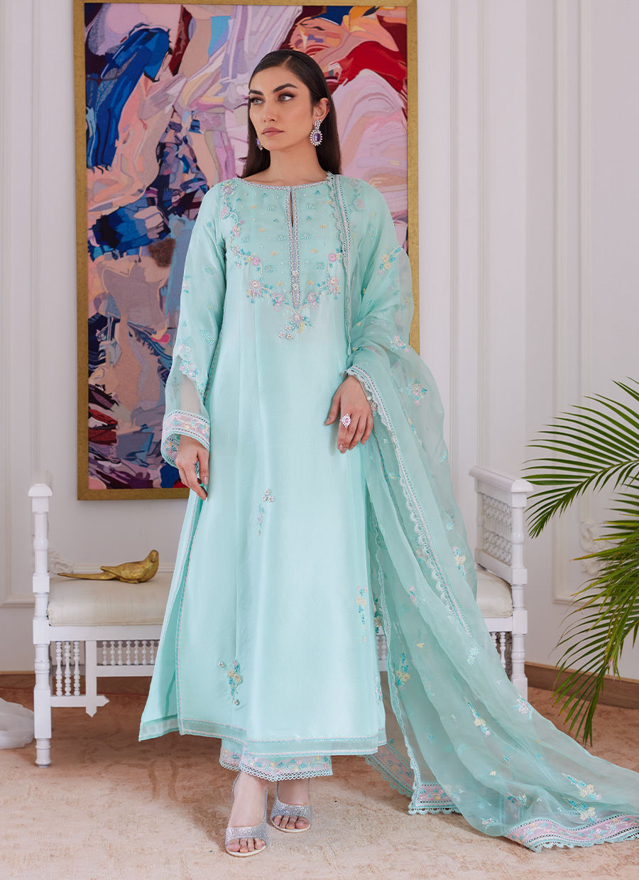 AURELLA MINT EMBROIDERED RAW SILK SHIRT WITH DUPATTA- Luna Eid'24 | By Farah Talib Aziz