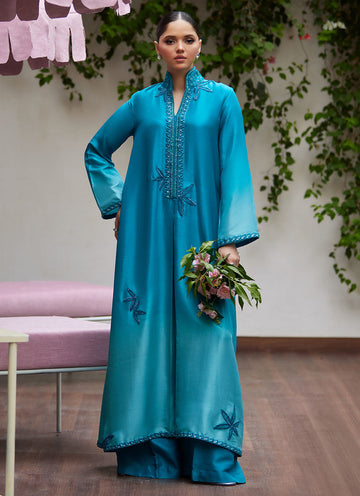 DEERI OMBRE BLUE EMBELLISHED KAFTAN CUT SHIRT - Tara Luxe II by Farah Talib Aziz