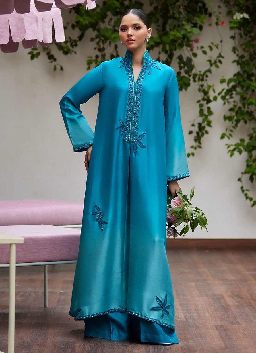 DEERI OMBRE BLUE EMBELLISHED KAFTAN CUT SHIRT - Tara Luxe II by Farah Talib Aziz