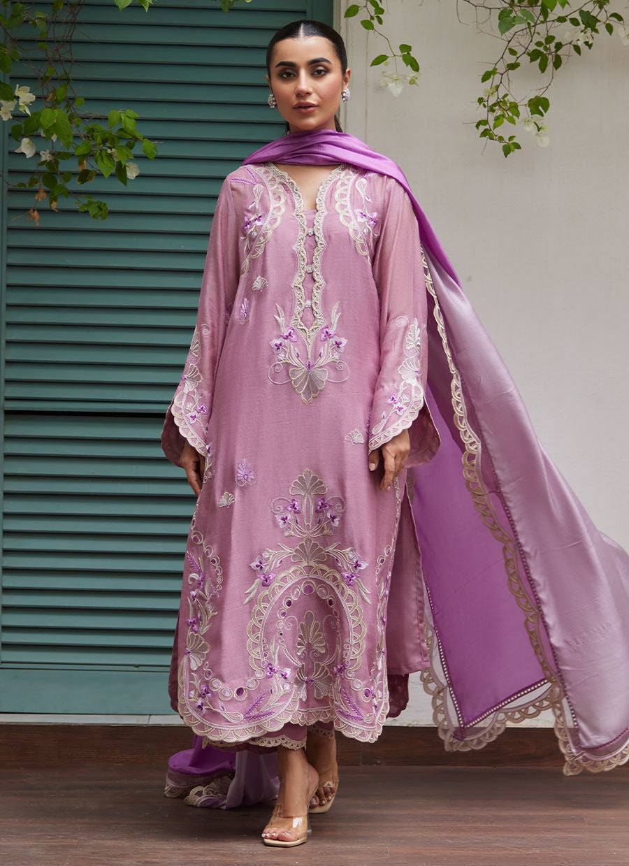 IVAN MAUVE EMBROIDERED COTTON NET SHIRT WITH MEDIUM SILK DUPATTA - Tara Luxe II by Farah Talib Aziz