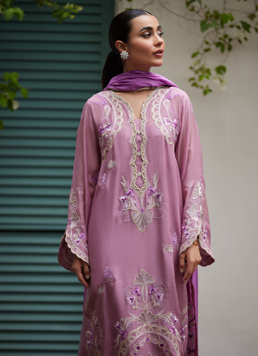 IVAN MAUVE EMBROIDERED COTTON NET SHIRT WITH MEDIUM SILK DUPATTA - Tara Luxe II by Farah Talib Aziz