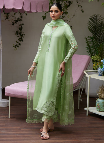 KATYA APPLE GREEN CUTWORK RAW SILK SHIRT WITH ORGANZA DUPATTA - Tara Luxe II by Farah Talib Aziz