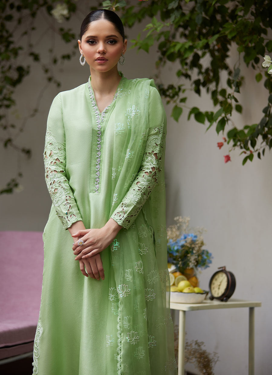 KATYA APPLE GREEN CUTWORK RAW SILK SHIRT WITH ORGANZA DUPATTA - Tara Luxe II by Farah Talib Aziz