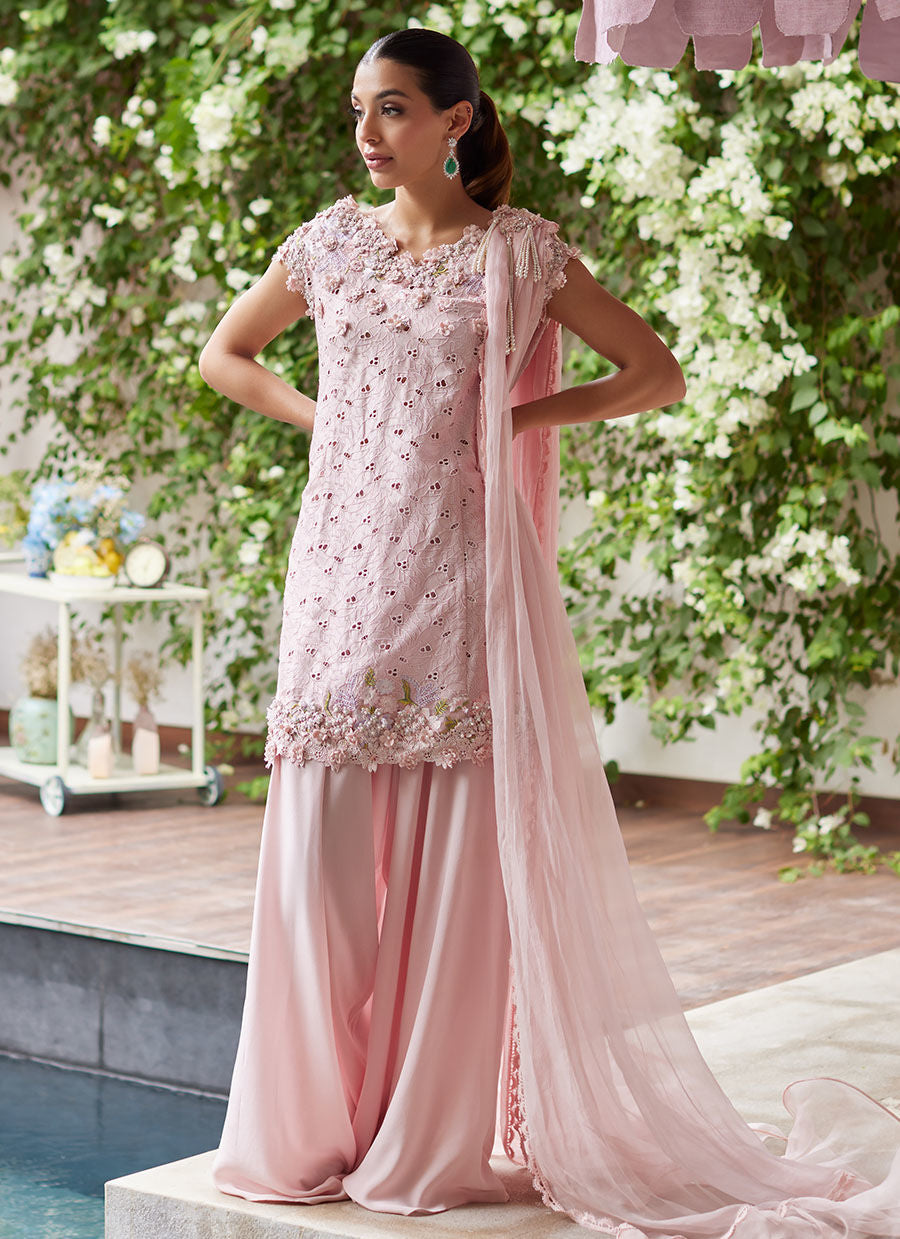 KARINA BLUSH SCHIFFLI RAW SILK SHIRT WITH PRE-DRAPED DUPATTA - Tara Luxe II by Farah Talib Aziz