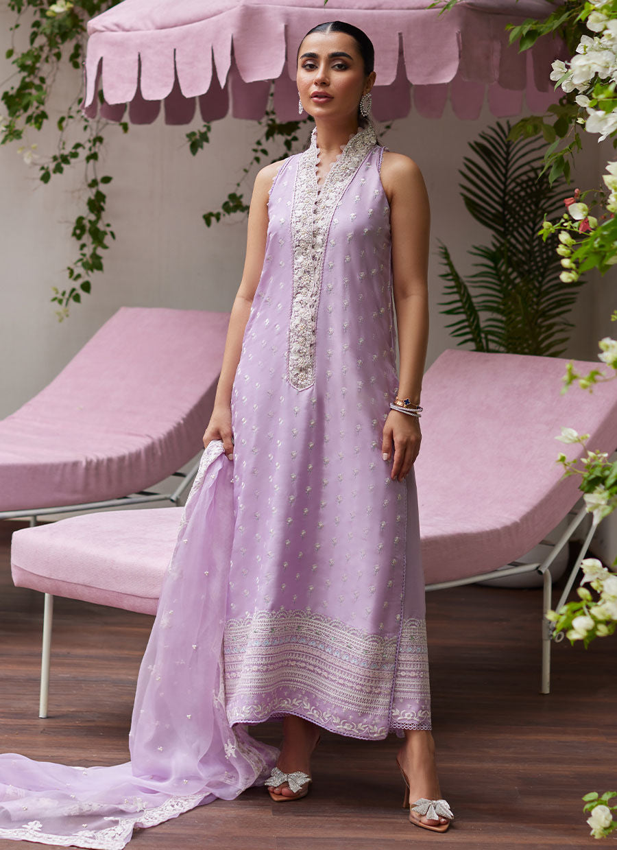 LARISSA LAVENDER EMBROIDERED COLUMN SHIRT WITH ORGANZA DUPATTA - Tara Luxe II by Farah Talib Aziz