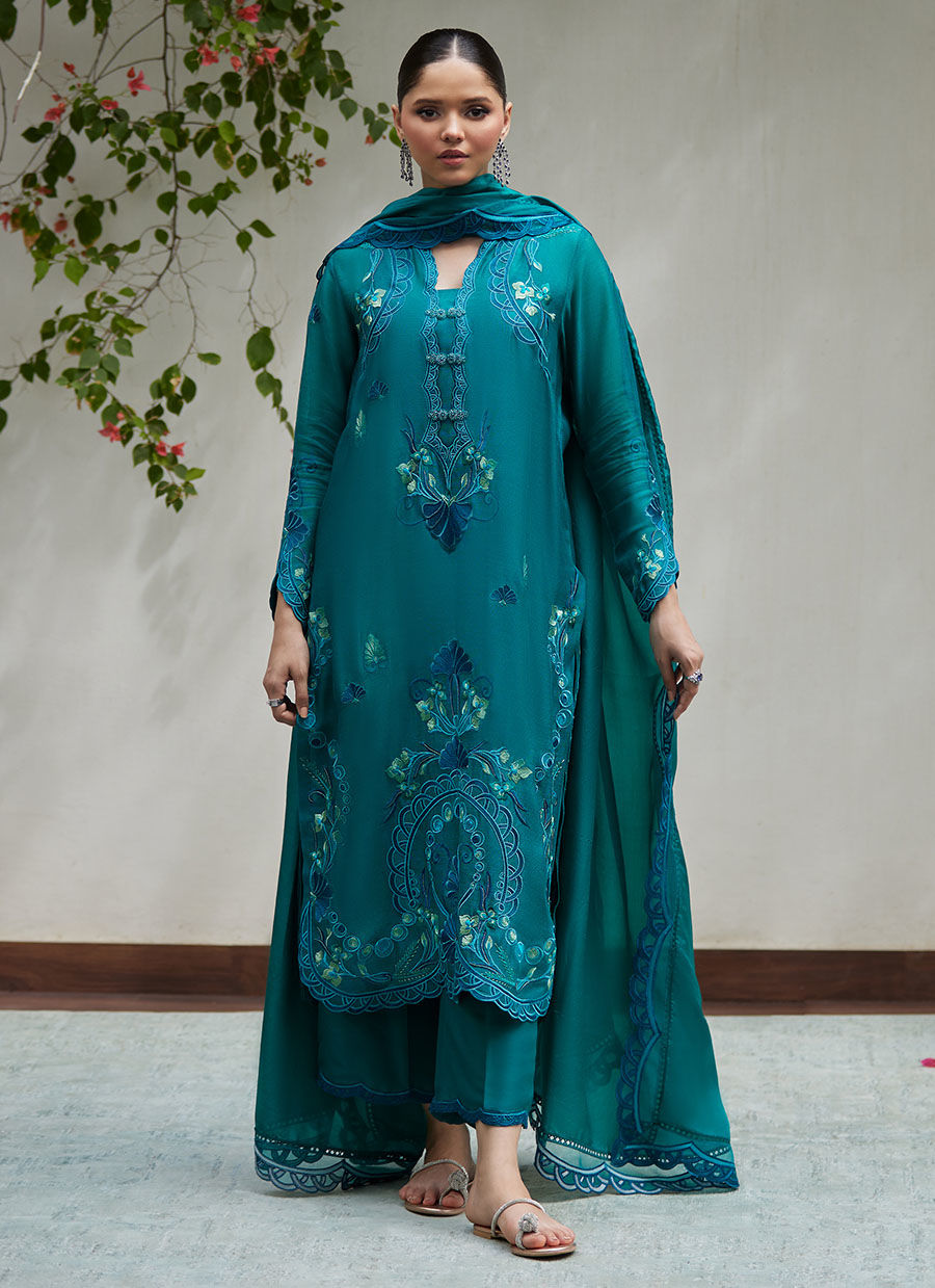 LEONA EMERALD EMBROIDERED COTTON NET SHIRT WITH SILK DUPATTA - Tara Luxe II by Farah Talib Aziz