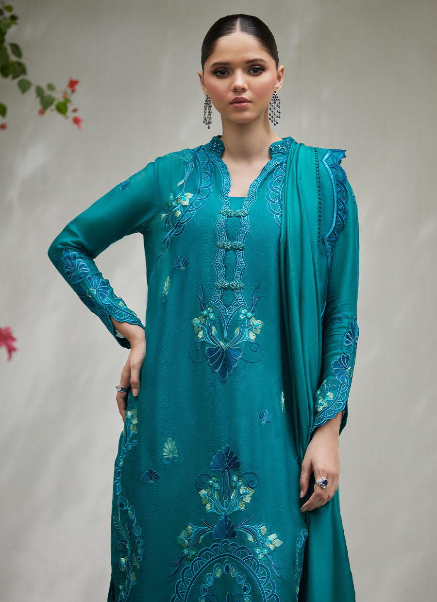 LEONA EMERALD EMBROIDERED COTTON NET SHIRT WITH SILK DUPATTA - Tara Luxe II by Farah Talib Aziz