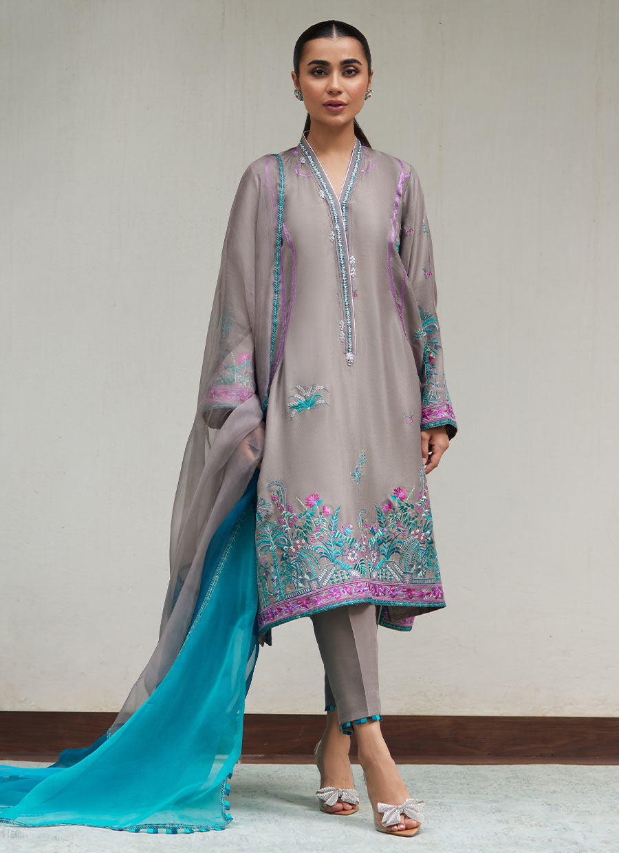 NATALYA CHARCOAL EMBROIDERED RAW SILK SHIRT WITH ORGANZA DUPATTA - Tara Luxe II by Farah Talib Aziz