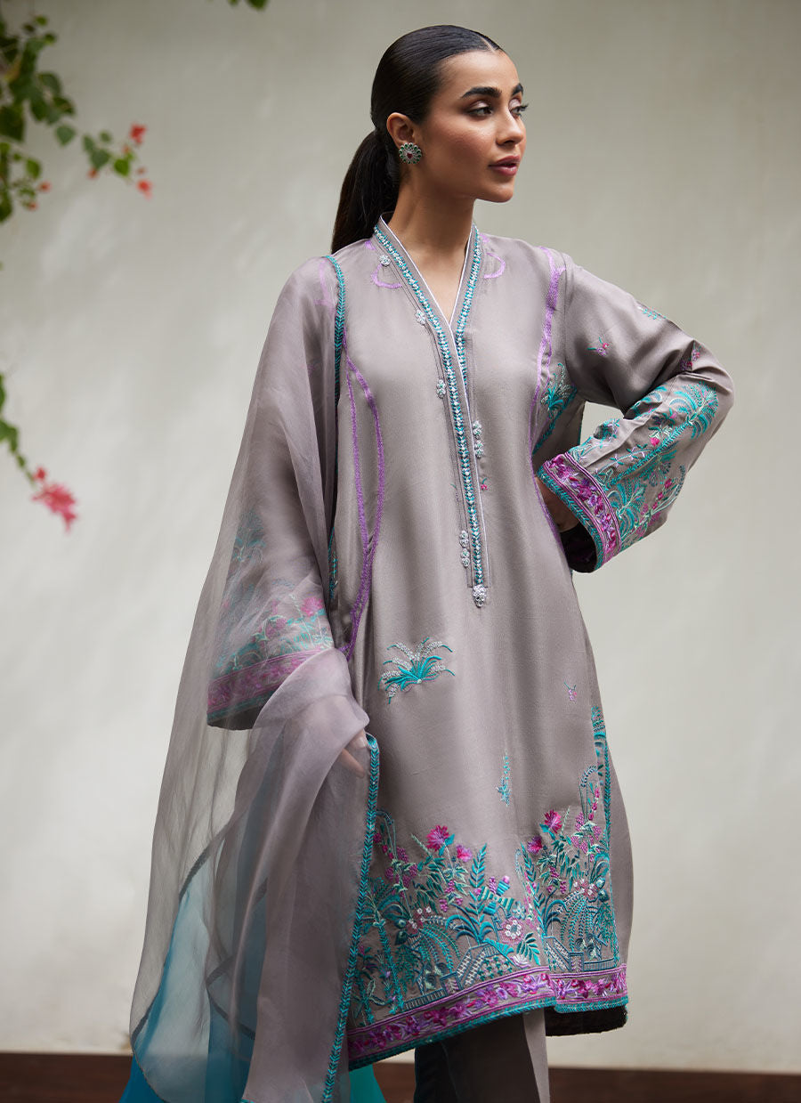 NATALYA CHARCOAL EMBROIDERED RAW SILK SHIRT WITH ORGANZA DUPATTA - Tara Luxe II by Farah Talib Aziz