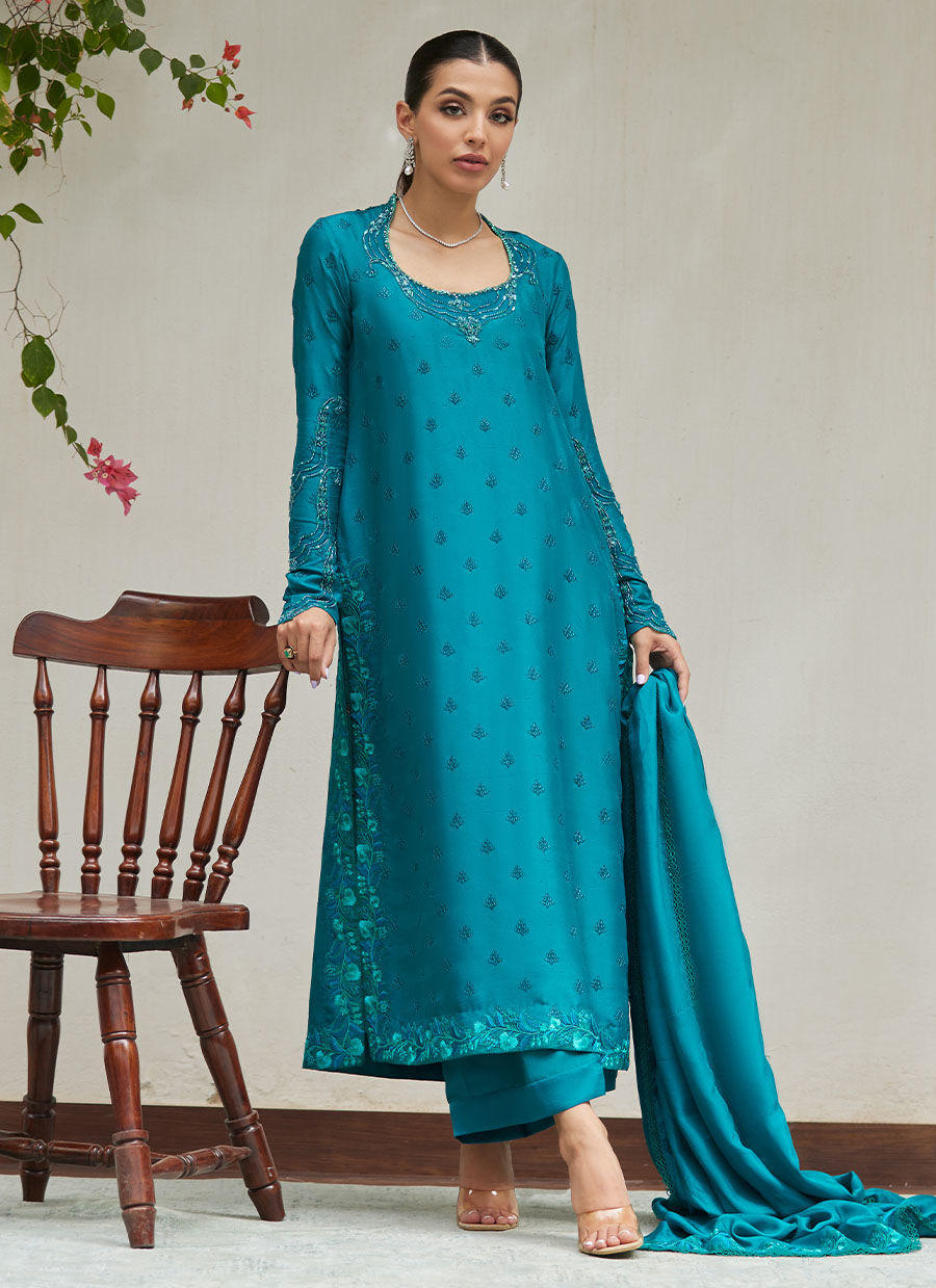 PERSIAN GREEN EMBROIDERED AND EMBELLISHED RAW SILK SHIRT WITH DUPATTA - Tara Luxe II by Farah Talib Aziz