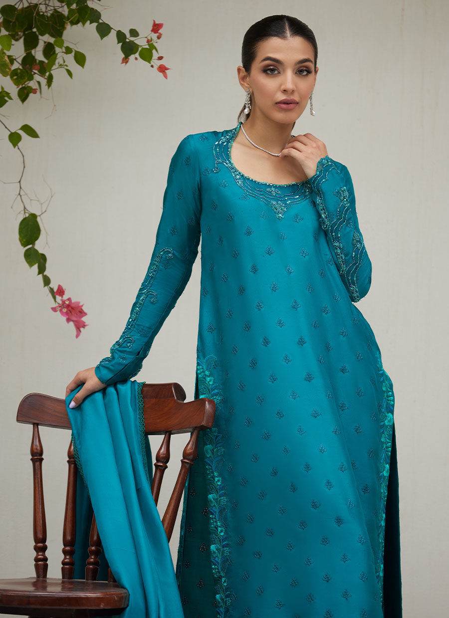 PERSIAN GREEN EMBROIDERED AND EMBELLISHED RAW SILK SHIRT WITH DUPATTA - Tara Luxe II by Farah Talib Aziz