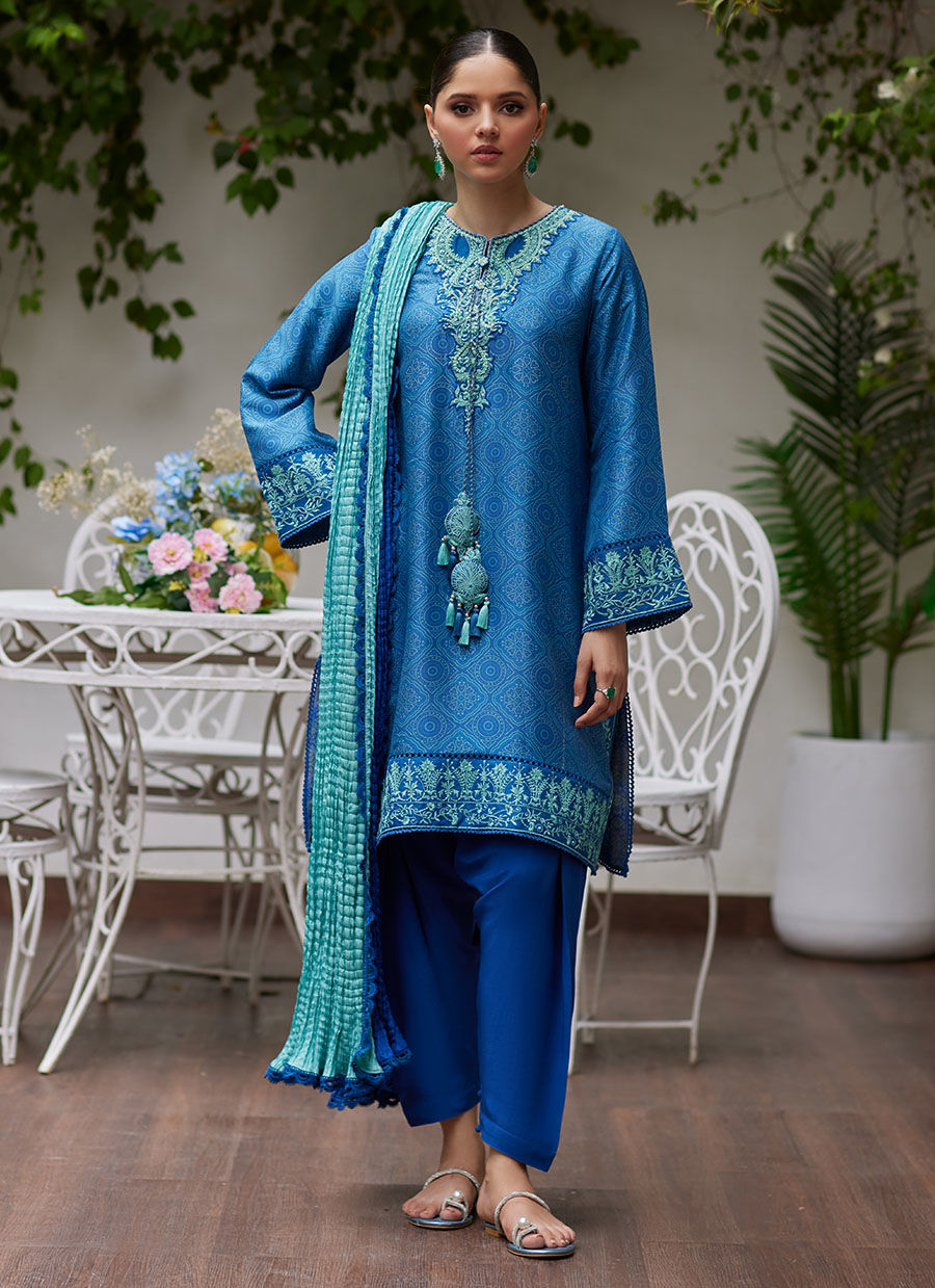 FAINA COBALT BLUE EMBROIDERED RAW SILK SHIRT AND DUPATTA - Tara Luxe II by Farah Talib Aziz