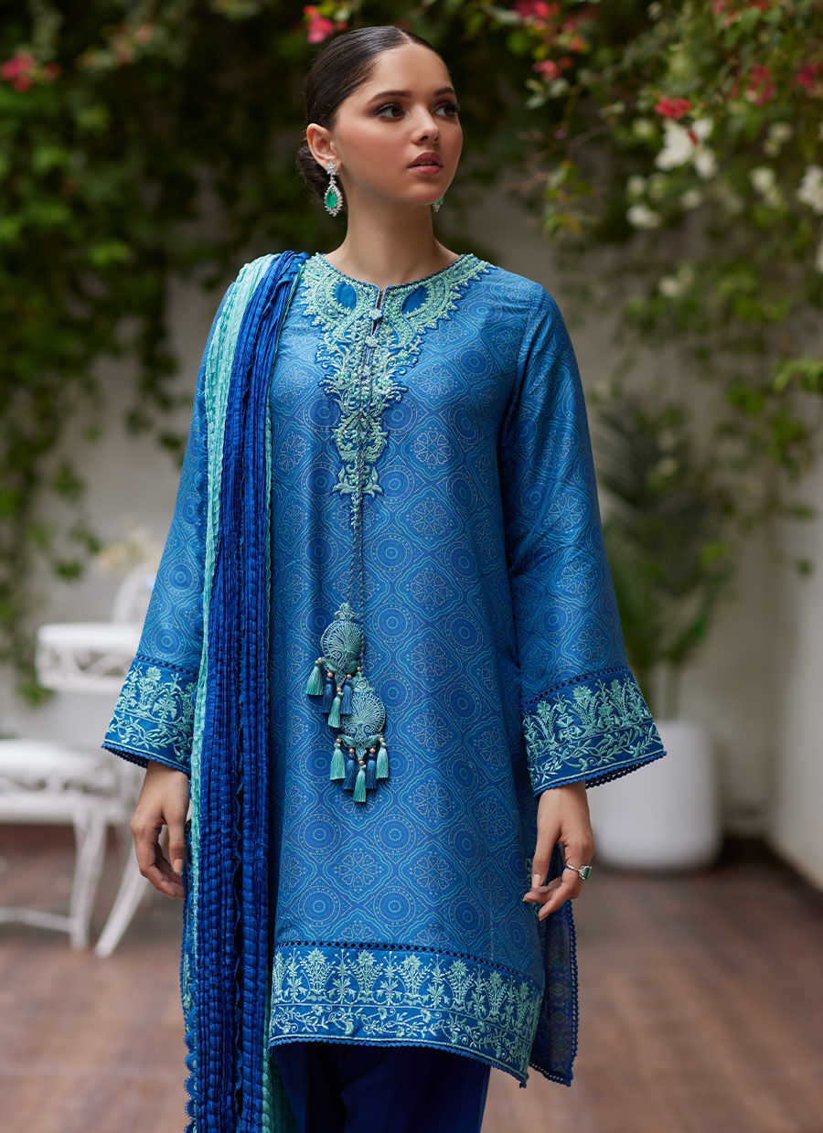 FAINA COBALT BLUE EMBROIDERED RAW SILK SHIRT AND DUPATTA - Tara Luxe II by Farah Talib Aziz