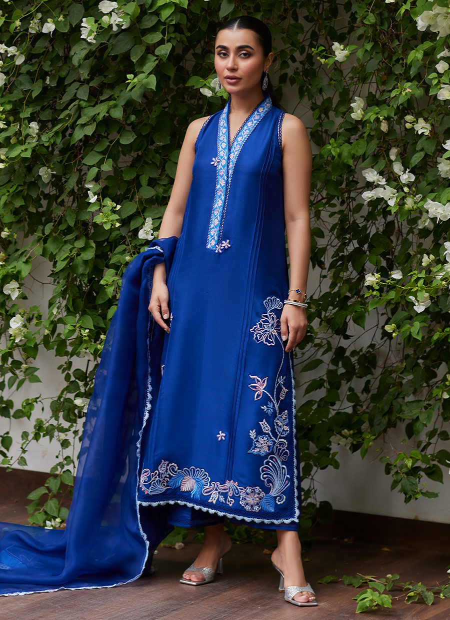 INGA INK BLUE EMBROIDERED RAW SILK SHIRT AND DUPATTA - Tara Luxe II by Farah Talib Aziz