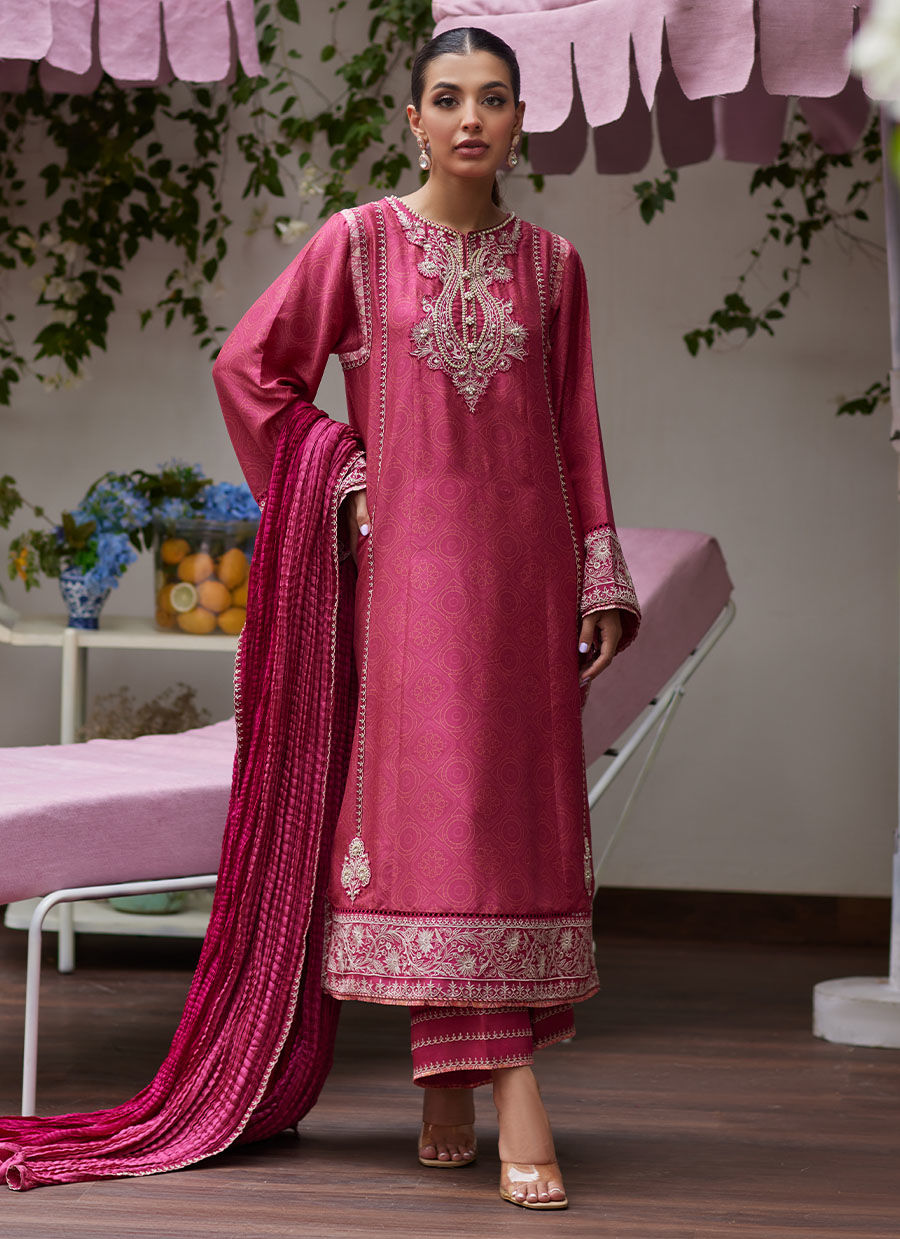 FEO CRIMSON EMBROIDERED RAW SILK SHIRT AND DUPATTA - Tara Luxe II by Farah Talib Aziz