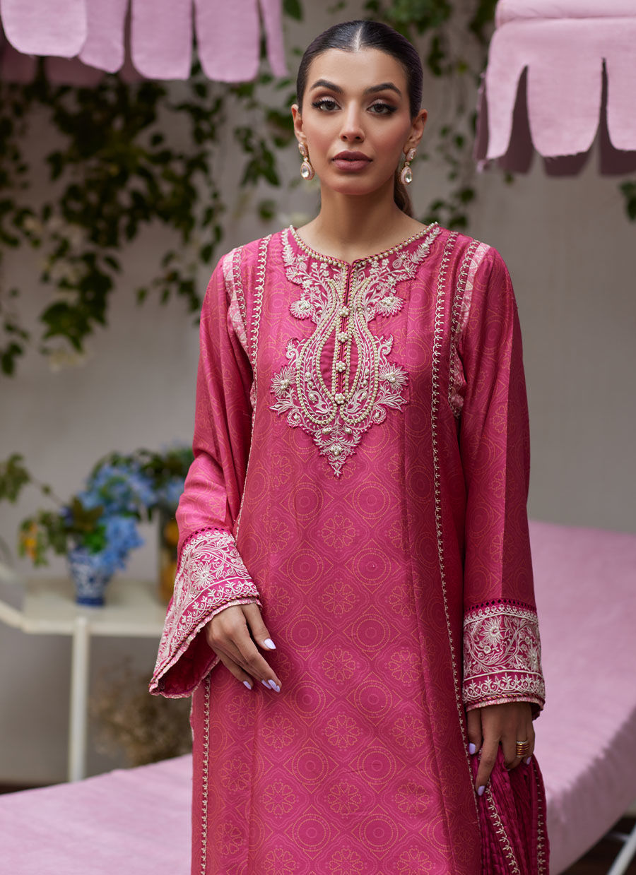 FEO CRIMSON EMBROIDERED RAW SILK SHIRT AND DUPATTA - Tara Luxe II by Farah Talib Aziz