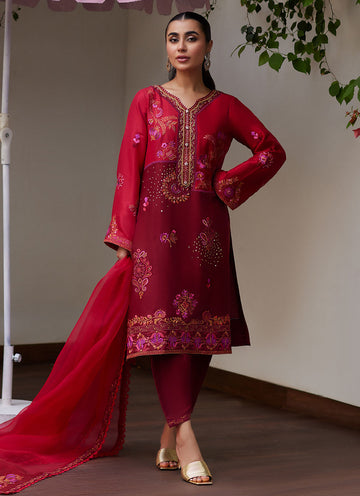 NIKITA SCARLETT EMBROIDERED RAW SILK SHIRT AND DUPATTA - Tara Luxe II by Farah Talib Aziz