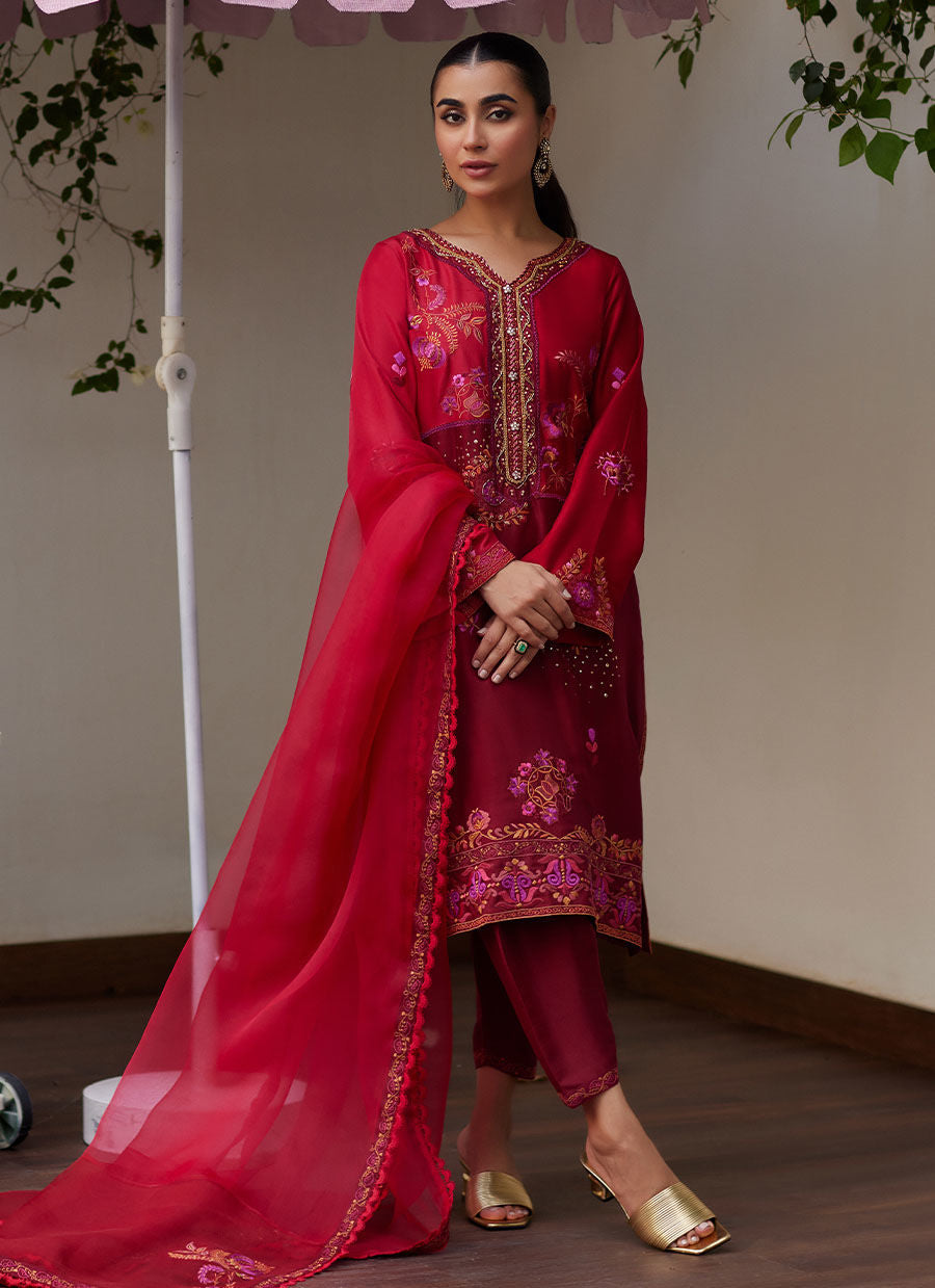 NIKITA SCARLETT EMBROIDERED RAW SILK SHIRT AND DUPATTA - Tara Luxe II by Farah Talib Aziz