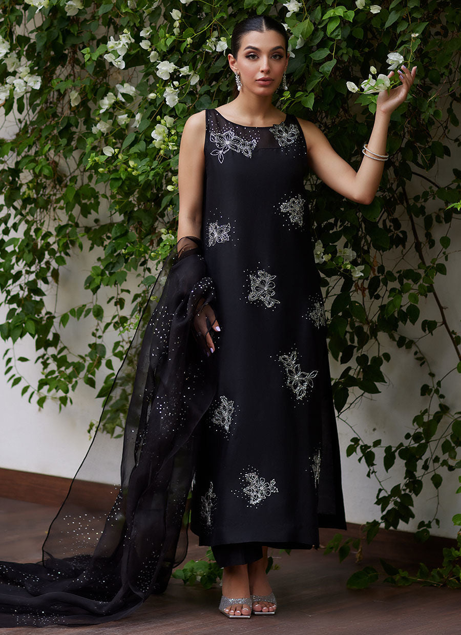 LEV ONYX EMBELLISHED RAW SILK SHIRT AND ORGANZA DUPATTA - Tara Luxe II by Farah Talib Aziz