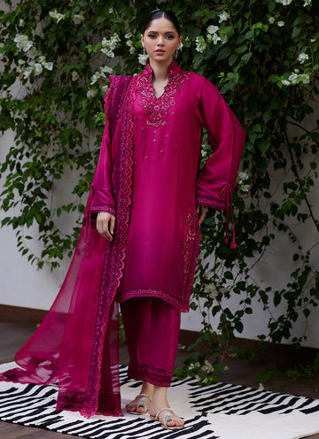 YELIZA RASPBERRY OMBRE RAW SILK SHIRT AND DUPATTA - Tara Luxe II by Farah Talib Aziz