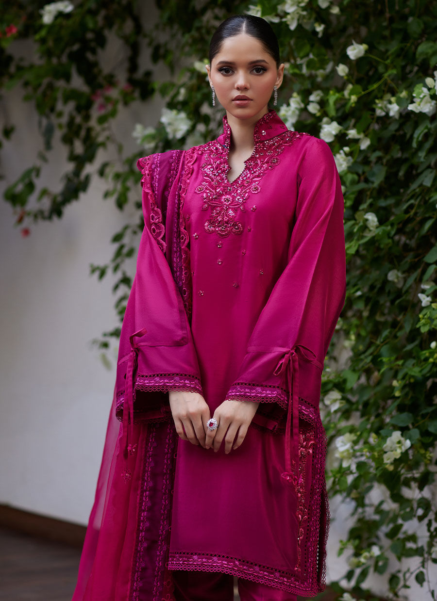 YELIZA RASPBERRY OMBRE RAW SILK SHIRT AND DUPATTA - Tara Luxe II by Farah Talib Aziz