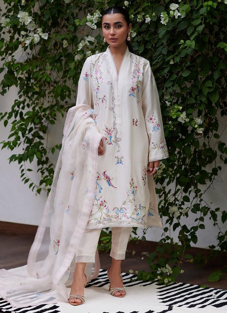 VASILY IVORY EMBROIDERED RAW SILK SHIRT WITH DUPATTA - Tara Luxe II by Farah Talib Aziz