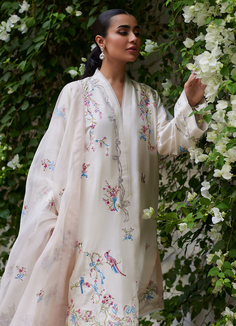 VASILY IVORY EMBROIDERED RAW SILK SHIRT WITH DUPATTA - Tara Luxe II by Farah Talib Aziz