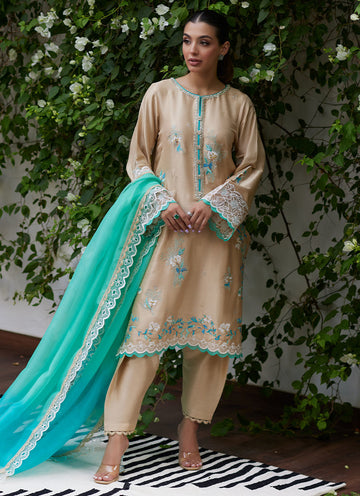 VENIA FRENCH BEIGE EMBROIDERED RAW SILK WITH DUPATTA - Tara Luxe II by Farah Talib Aziz