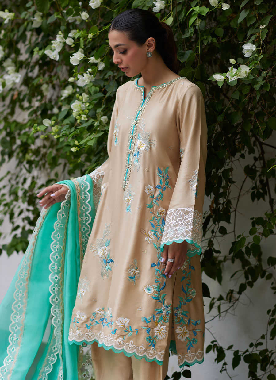 VENIA FRENCH BEIGE EMBROIDERED RAW SILK WITH DUPATTA - Tara Luxe II by Farah Talib Aziz