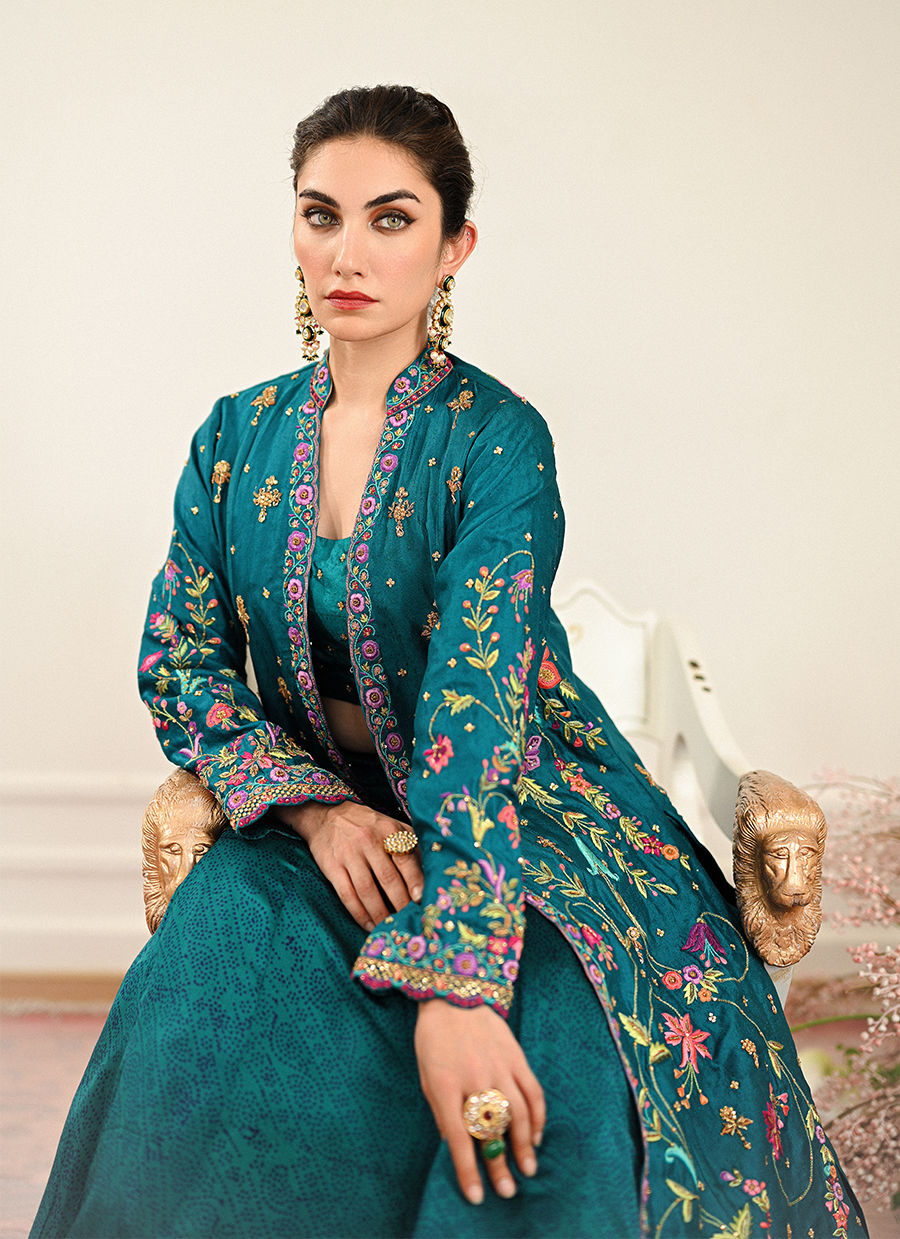 Elara Single Dhaagha Jacket With Block Printed Lehnga - Miray Heritage Bridal's by Farah Talib Aziz