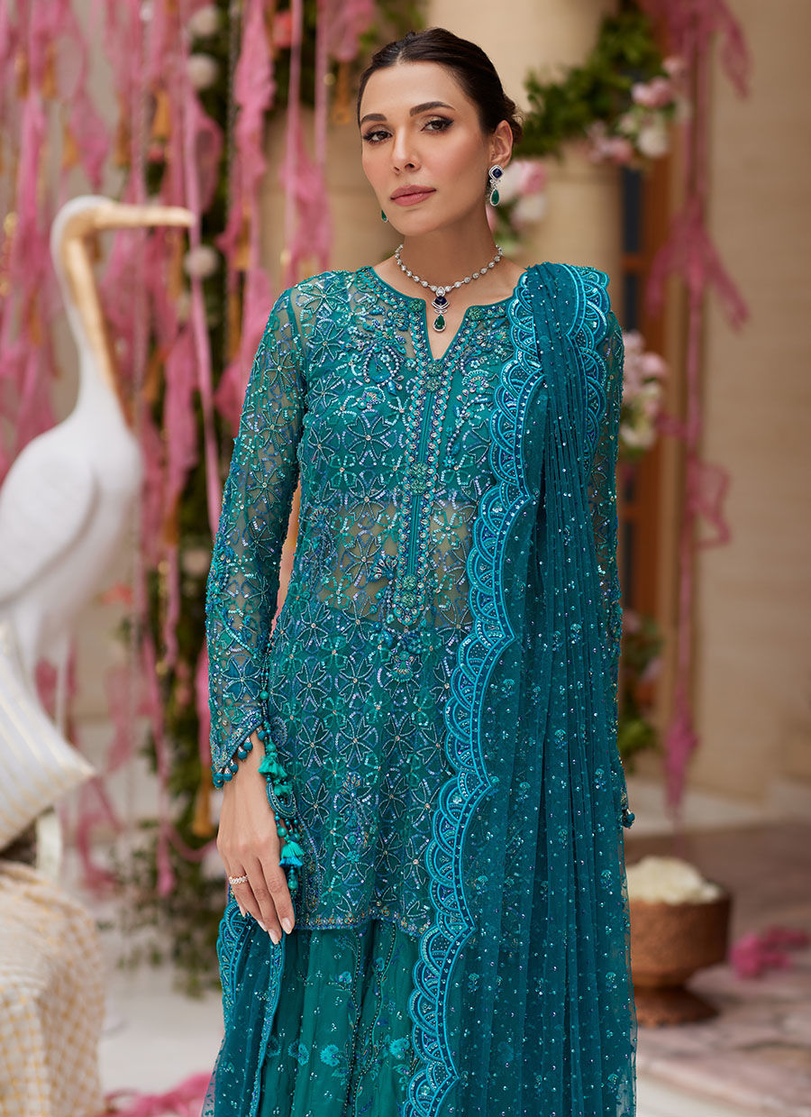 Miral Teal Short Shirt And Lehenga - Miray Festive Formals by Farah Talib Aziz