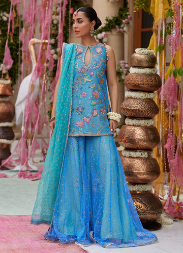 Ezlyn French Blue Short Shirt And Dhaka - Miray Festive Formals by Farah Talib Aziz