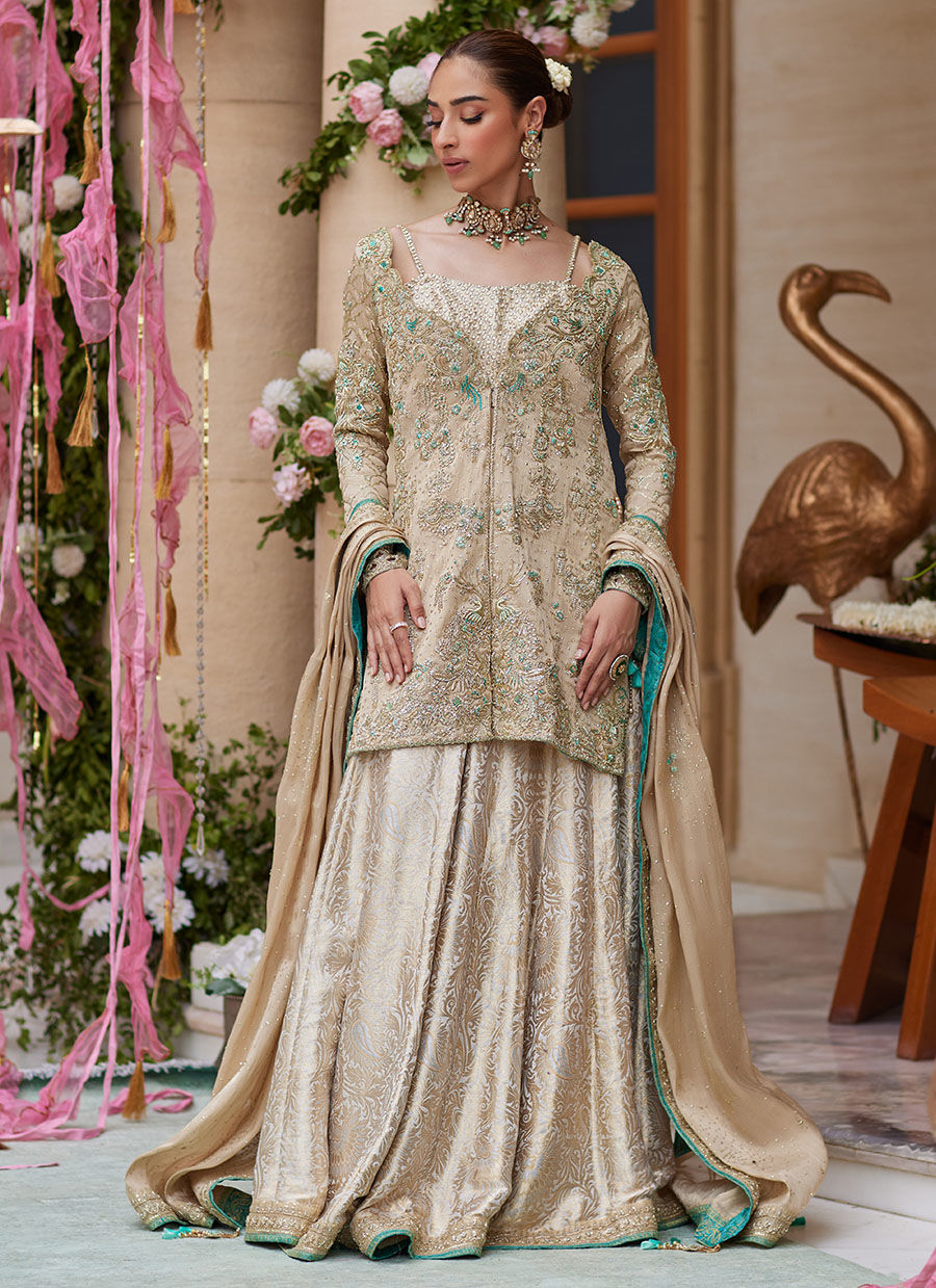 Vyara Gold Jacket and Lehenga - Miray Festive Formals by Farah Talib Aziz