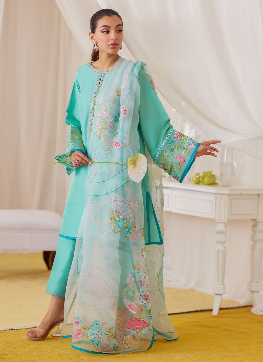 Una Turquoise Shirt And Embroidered Dupatta - Lea Fall by Farah Talib Aziz