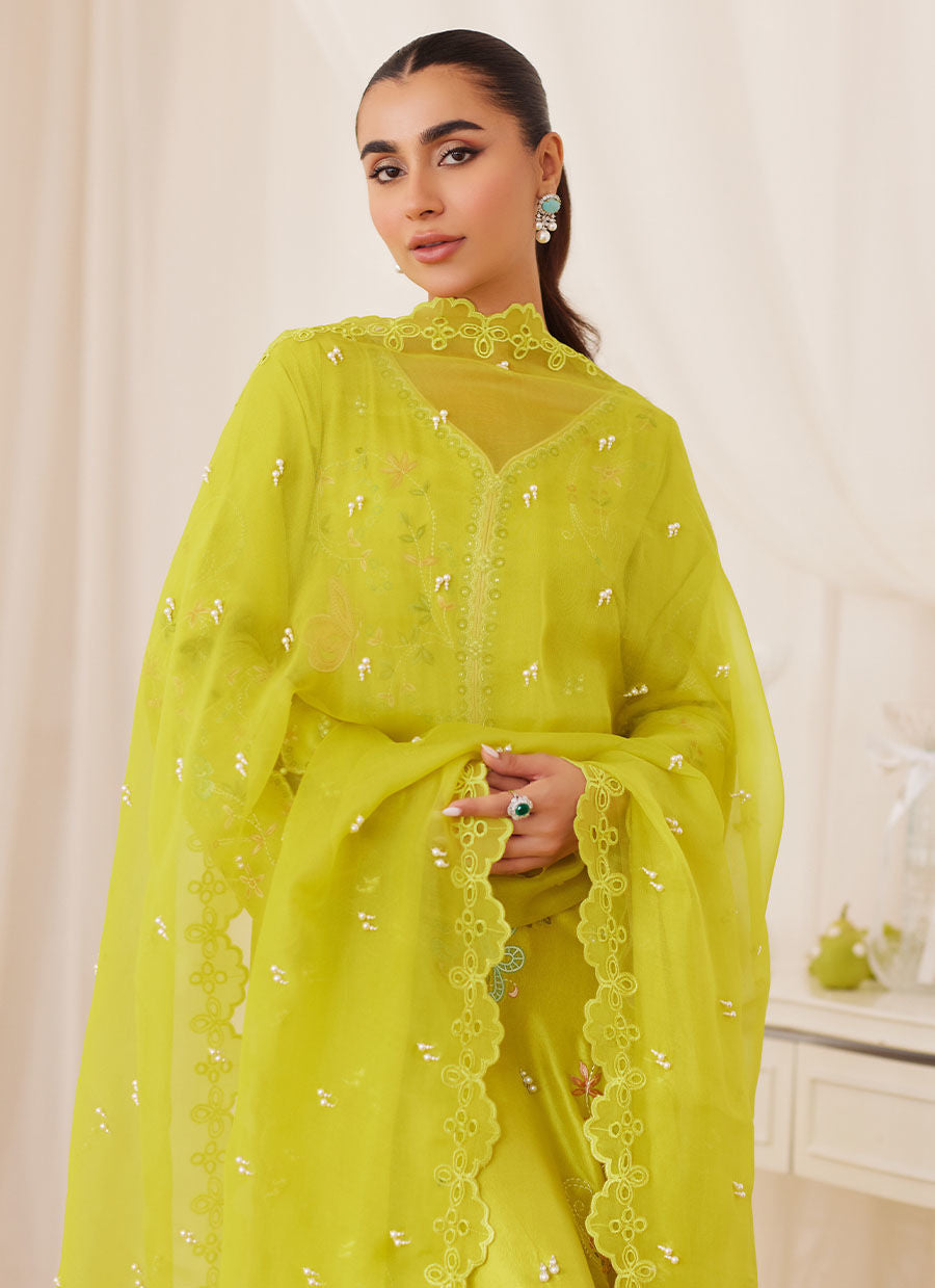 Marija Kiwi Green Embroidered Shirt And Dupatta - Lea Fall by Farah Talib Aziz