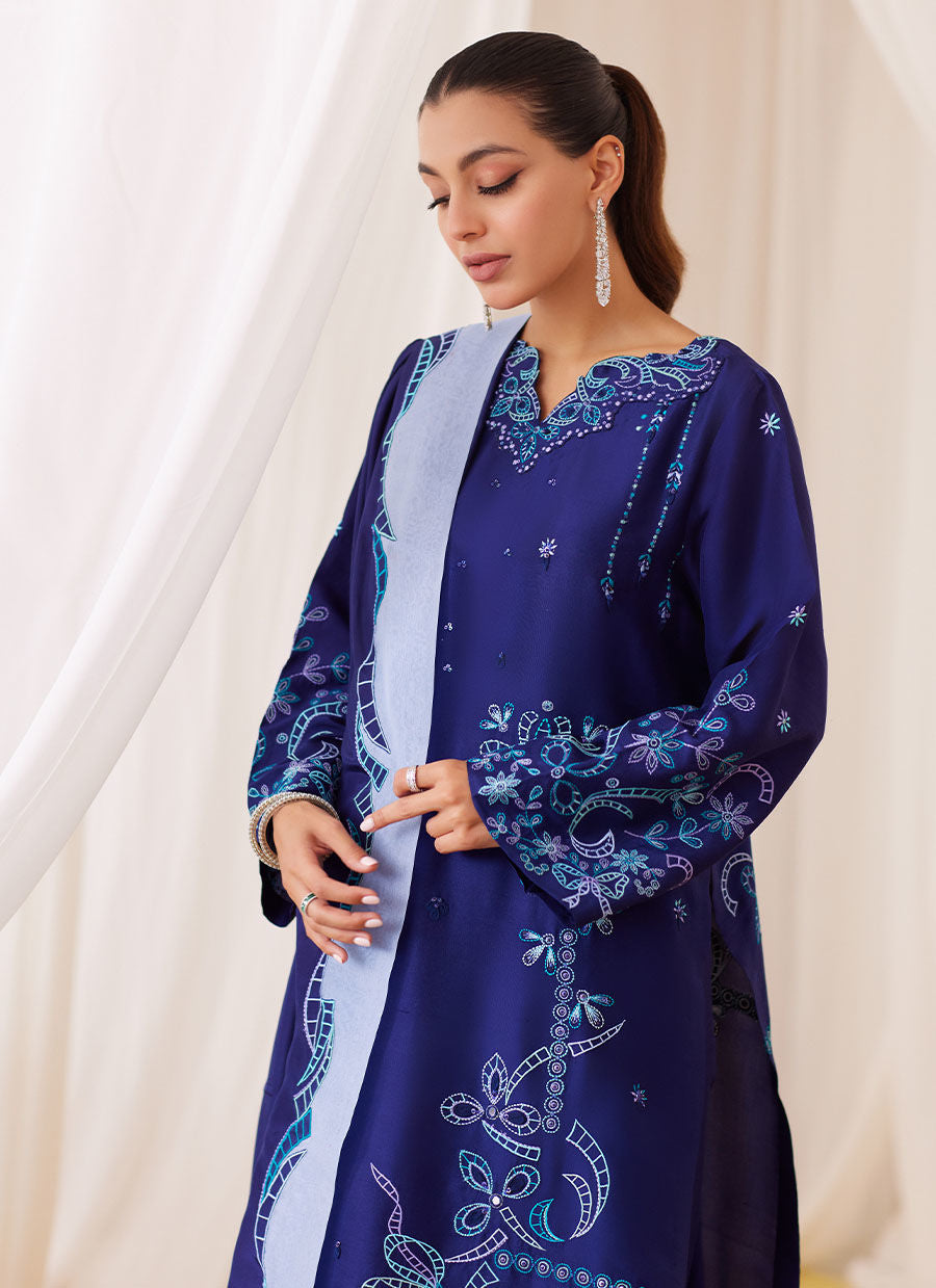 Nada Ink Blue Embroidered Shirt And Dupatta - Lea Fall by Farah Talib Aziz