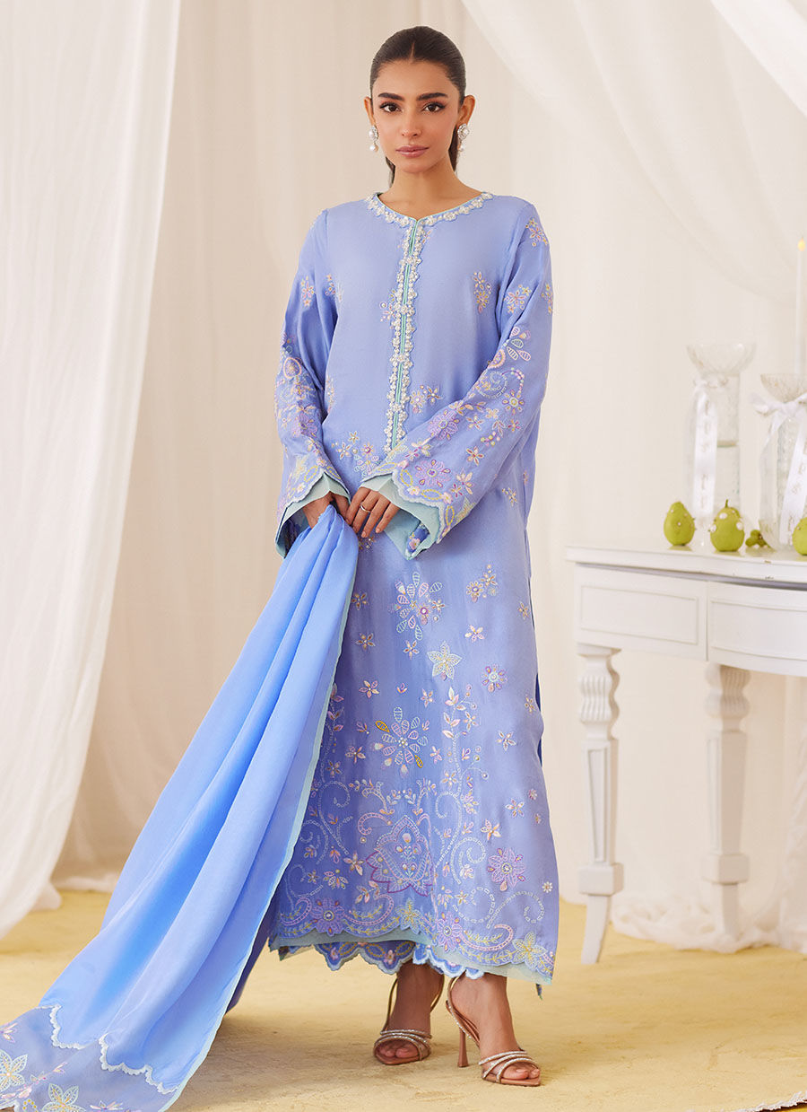 Leesha Periwinkle Blue Raw Silk Shirt And Dupatta - Lea Fall by Farah Talib Aziz