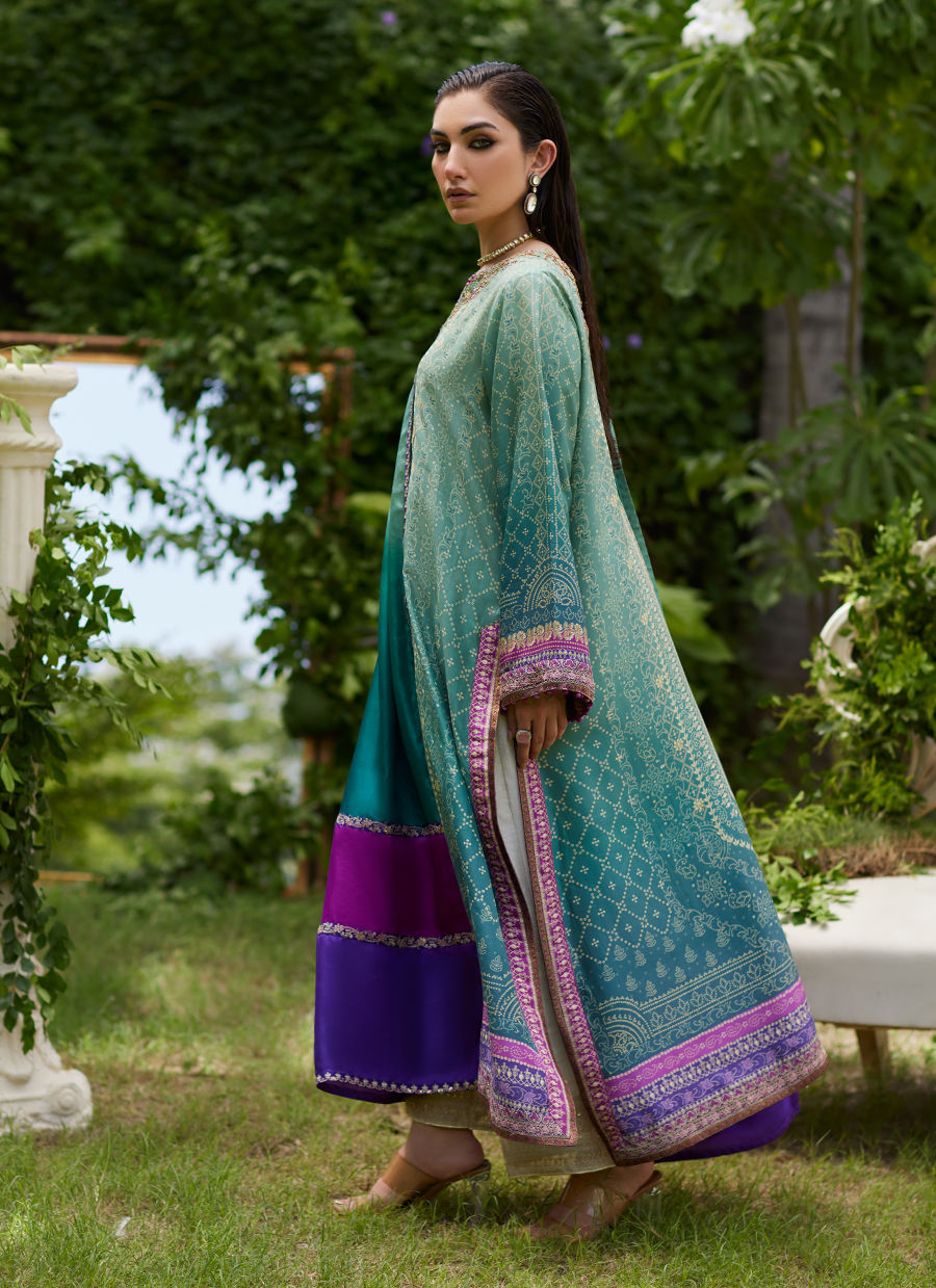 Leisha Teal Ombre Shirt And Dupatta - Mayna Festive Prints'24 by Farah Talib Aziz