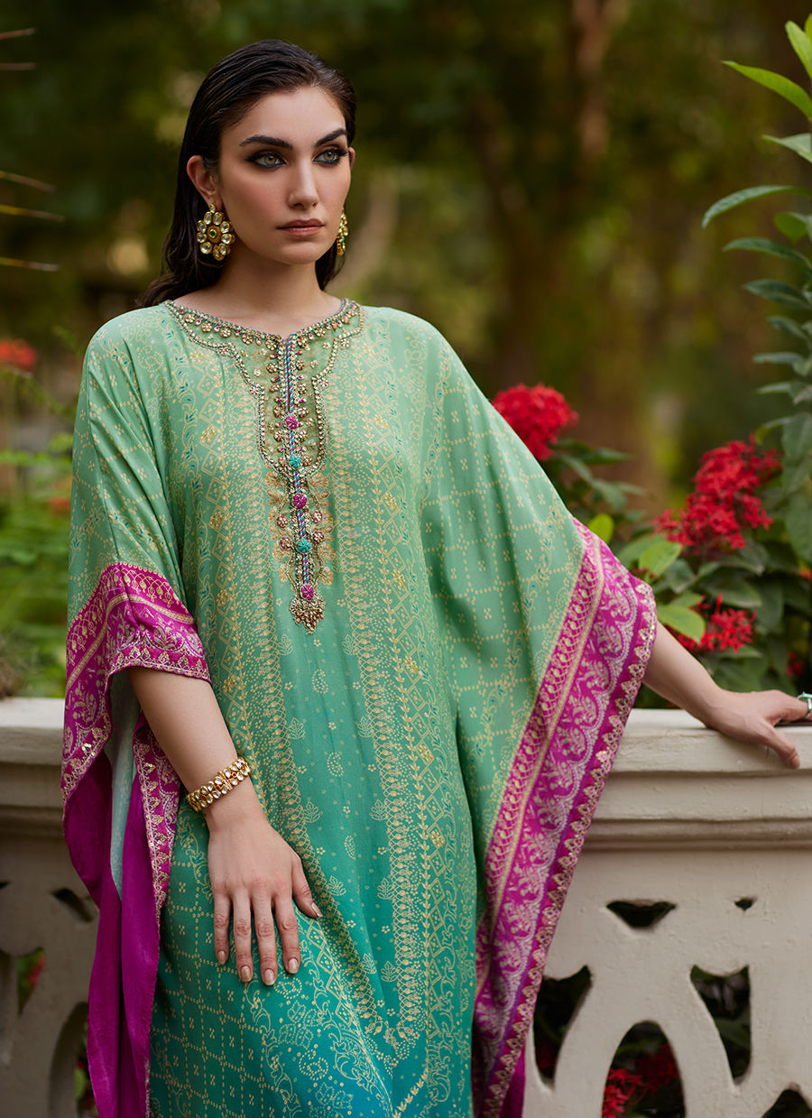 Persia Teal Ombre Kaftan - Mayna Festive Prints'24 by Farah Talib Aziz