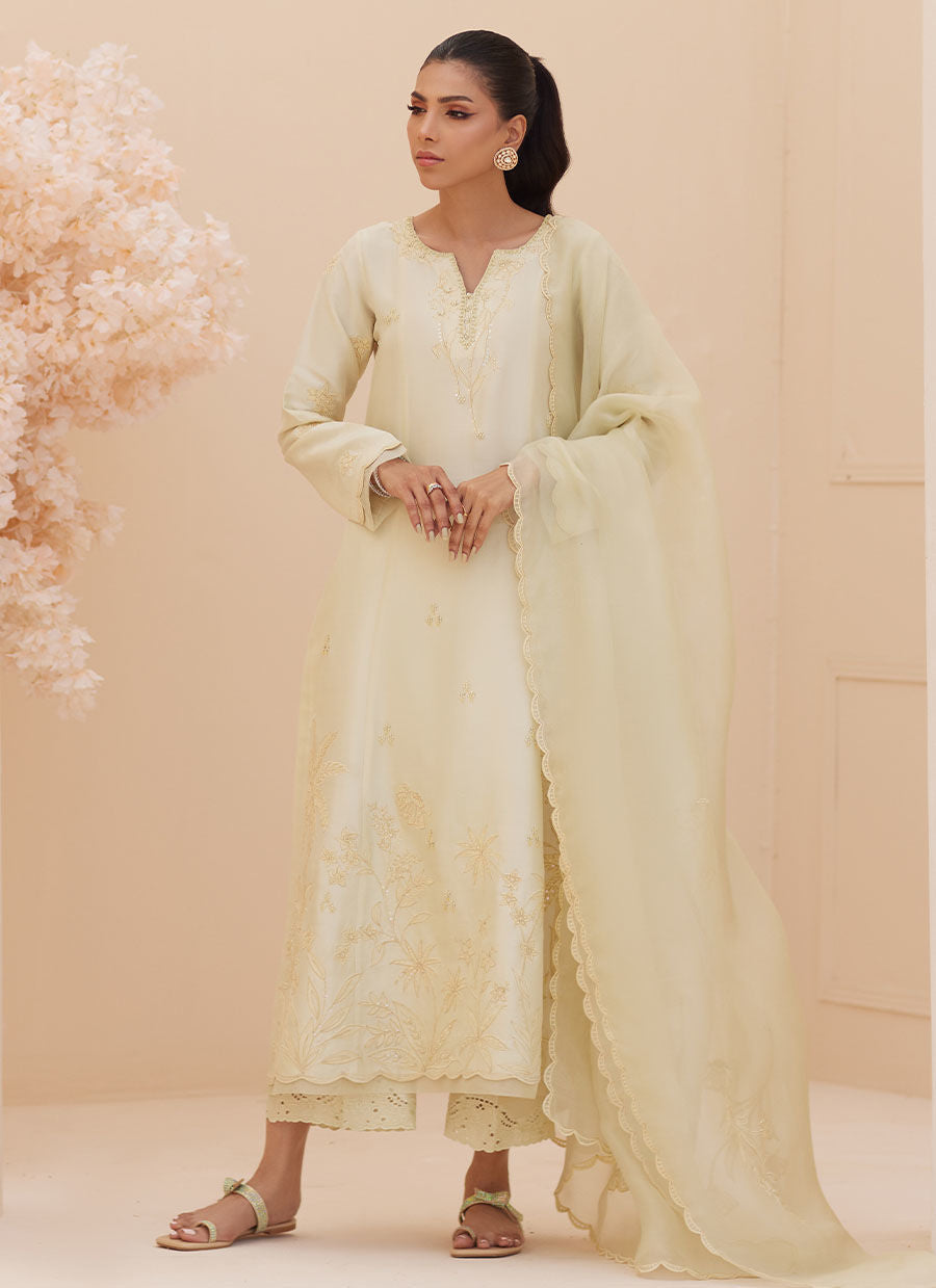 Crema Embroidered Raw Silk Shirt and Dupatta - Zaza'25 by Farah Talib Aziz