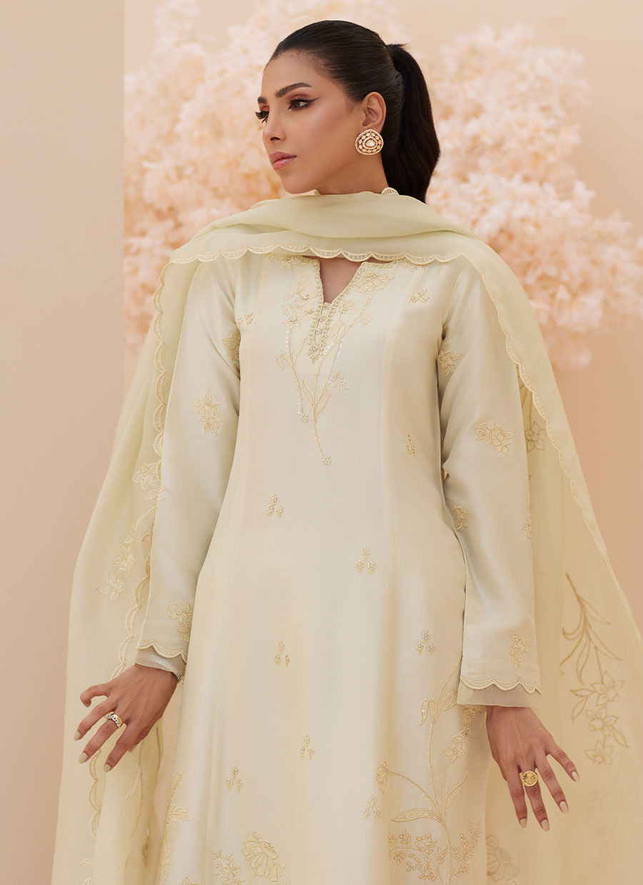 Crema Embroidered Raw Silk Shirt and Dupatta - Zaza'25 by Farah Talib Aziz