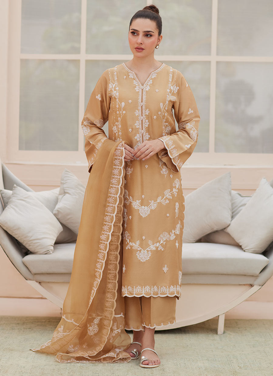 Bea Taupe Silk Shirt and Dupatta - Zaza'25 by Farah Talib Aziz