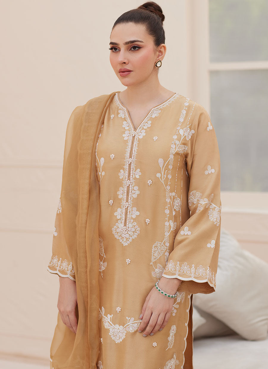 Bea Taupe Silk Shirt and Dupatta - Zaza'25 by Farah Talib Aziz