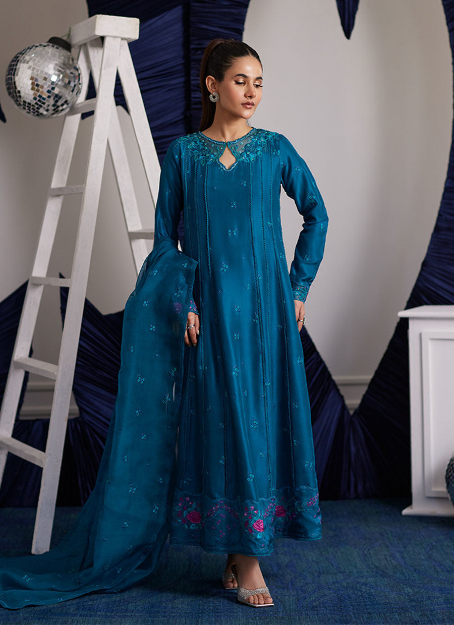 Shiro Teal Paneled Shirt And Dupatta - Luna Eid Edit by Farah Talib Aziz