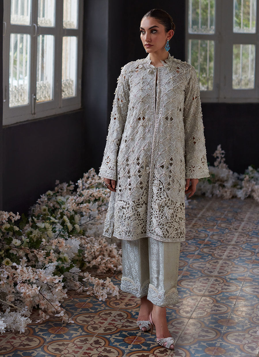 Ayvani Silver Cutwork Jacket - Eira Ethereal Couture by Farah Talib Aziz
