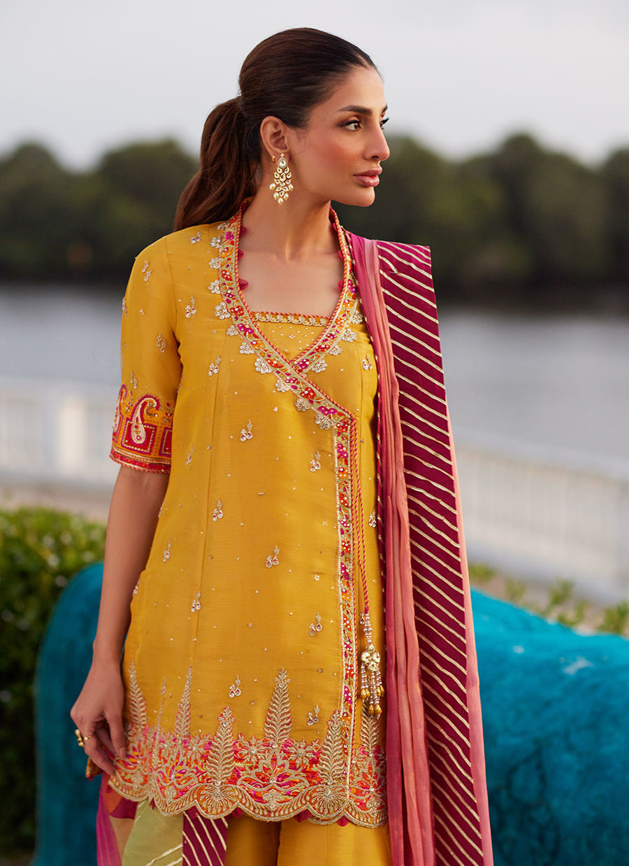 Henna Saffron Angharkha And Dupatta - Mayna Festive Luxe Pret by Farah Talib Aziz