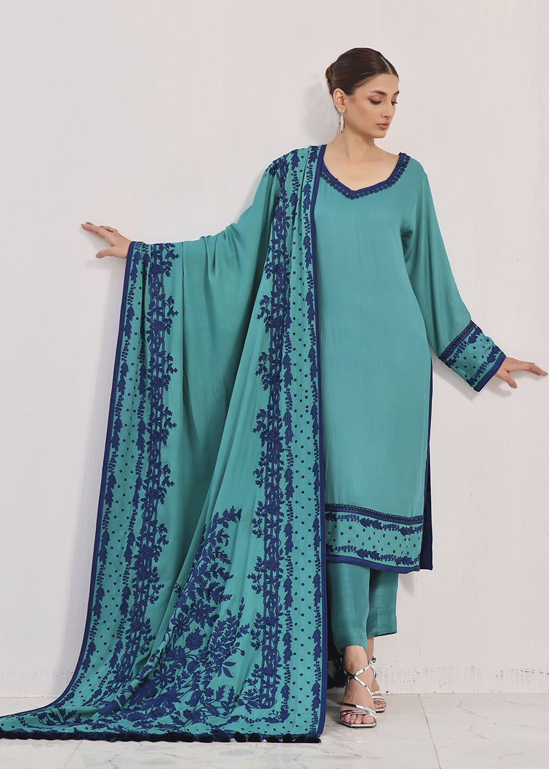 SHABEENA SHIRT & SHAWL TEAL - Jashan by Rizwan Beyg