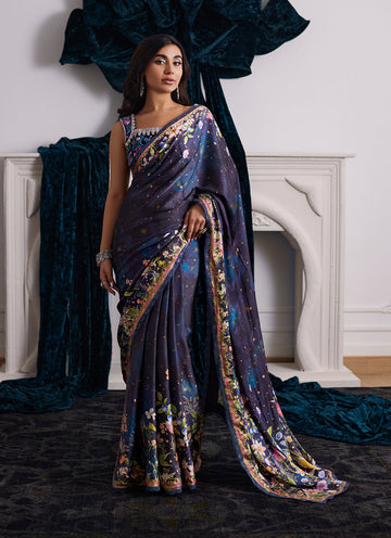 Alixia Charmeuse Saree With Velvet Blouse - Velvets the Afterparty 24 by Farah Talib Aziz