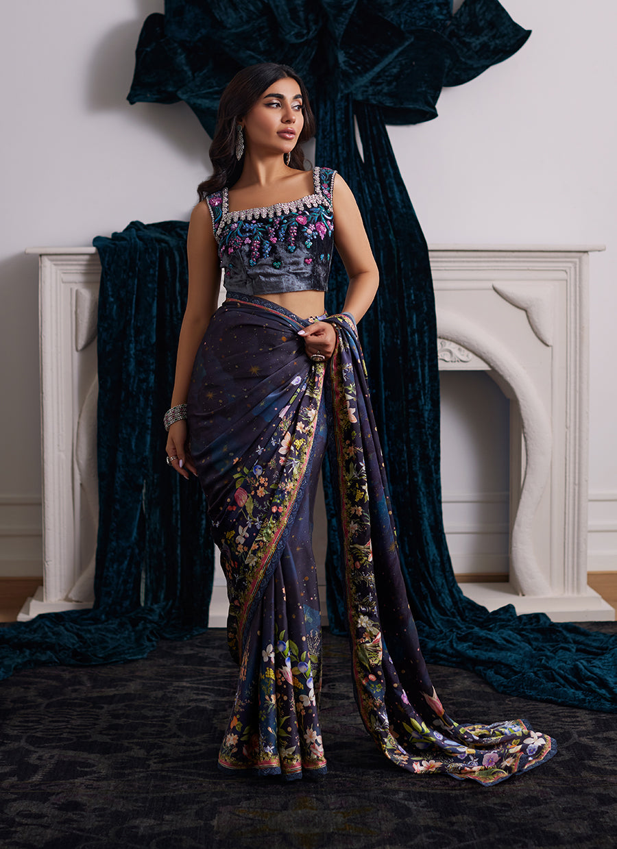 Alixia Charmeuse Saree With Velvet Blouse - Velvets the Afterparty 24 by Farah Talib Aziz